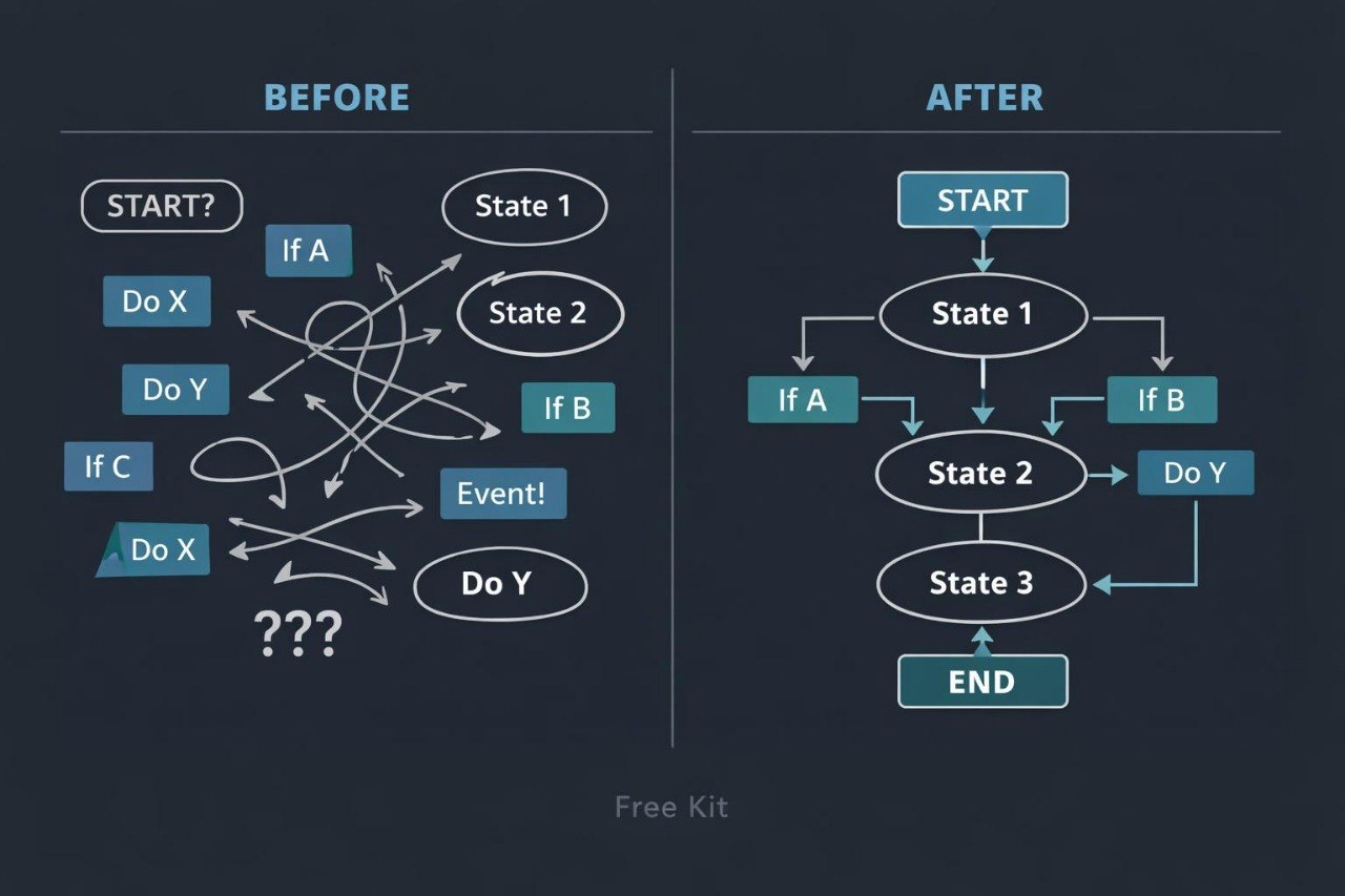 A dark slate diagram comparing a messy 'BEFORE' flowchart with a clean 'AFTER' flowchart. The before section shows tangled arrows and labels like START, If A, State 1, Do X, and Event! The after section shows a clear, organized flowchart structure with START, State 1, State 2, State 3, If A, If B, Do Y, and END.