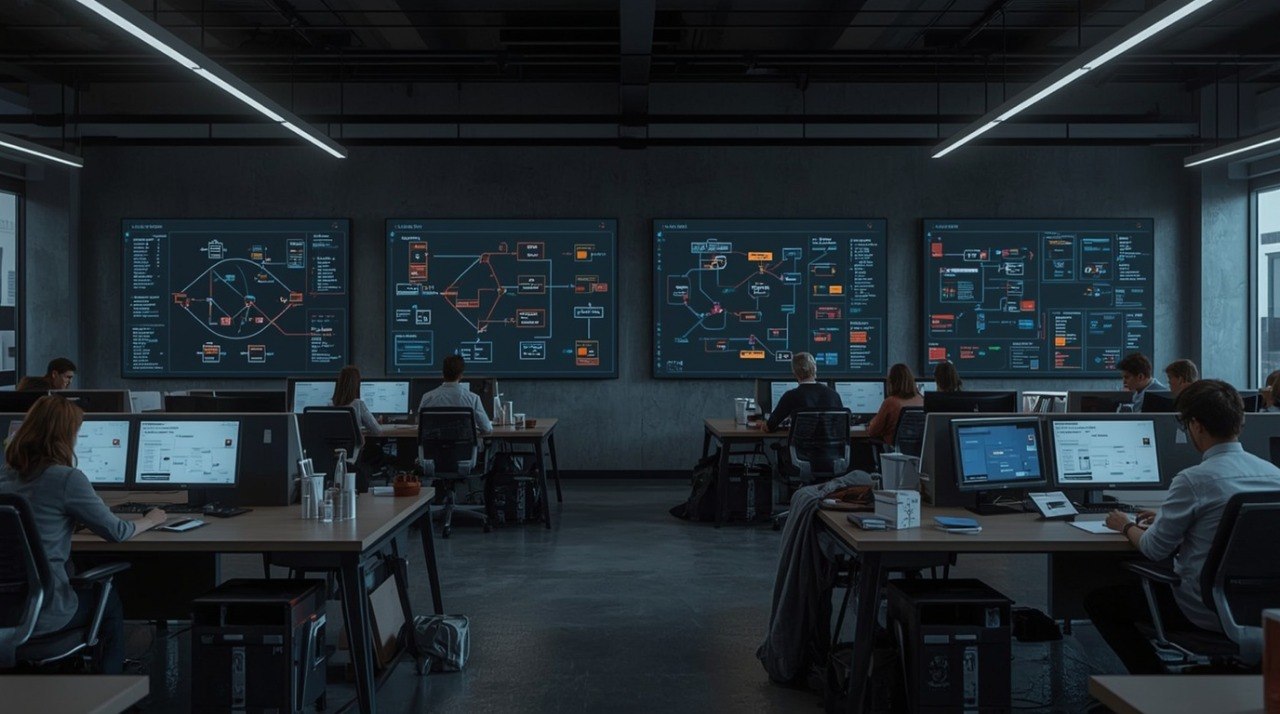 A dimly lit modern control room with multiple people seated at desks using computers in front of large illuminated panels displaying complex data charts and diagrams.