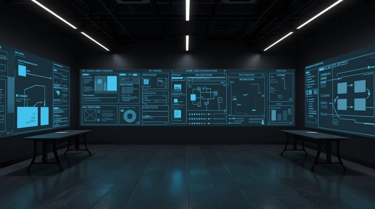 A futuristic dark room with a large wall of glowing blue digital interface panels, with two black tables placed in the foreground and ceiling lights overhead.