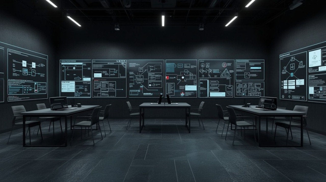 A dark futuristic control room with multiple large illuminated digital screens on the walls, several long tables, and chairs arranged in a conference space.