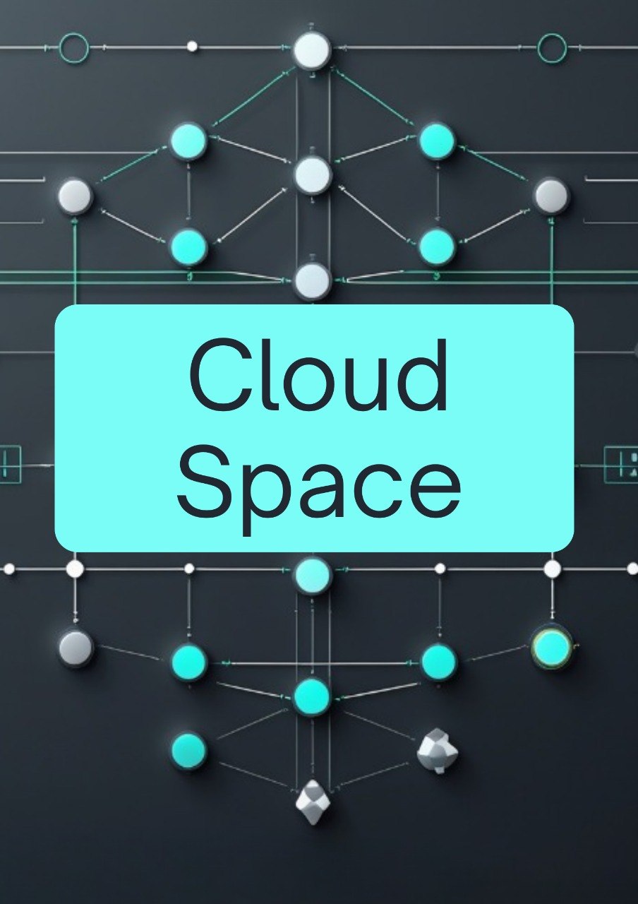 A digital graphic with the words 'Cloud Space' in black text inside a large light cyan rounded rectangle, centered over a dark gray background with abstract network nodes and lines in cyan, white, and gray.