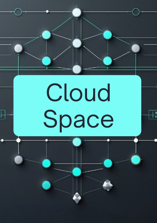 A digital graphic with the words 'Cloud Space' in black text inside a large light cyan rounded rectangle, centered over a dark gray background with abstract network nodes and lines in cyan, white, and gray.