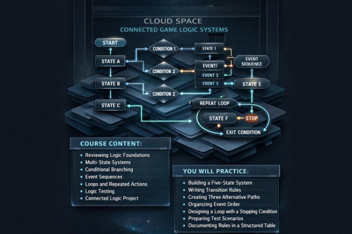 A dark digital graphic showing a cloud-like diagram labeled 'Cloud Space Connected Game Logic Systems' with flowcharts, state boxes, and text sections for course content and practice objectives.