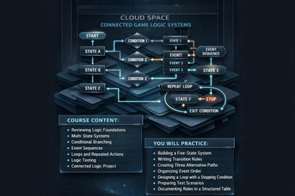 A dark digital graphic showing a cloud-like diagram labeled 'Cloud Space Connected Game Logic Systems' with flowcharts, state boxes, and text sections for course content and practice objectives.