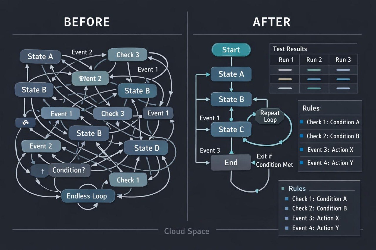 A dark-themed diagram comparing a 'Before' state with an 'After' state, likely illustrating software testing or workflow automation. The left side shows a complex 'Endless Loop' diagram labeled 'BEFORE' with states like State A through D, events, and checks.