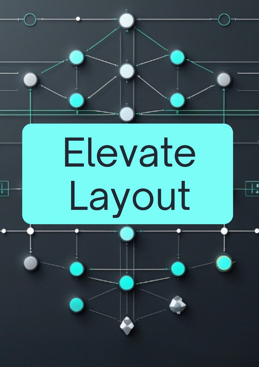 A digital graphic with the words 'Elevate Layout' in black text inside a large light cyan rounded rectangle, centered over a dark gray background with abstract connected nodes and lines in cyan, white, and gray.
