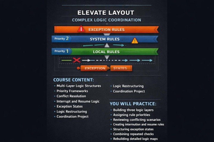 A dark digital graphic titled 'ELEVATE LAYOUT' showing layered logic rules in orange, blue, and green bars, with text sections for course content and practice objectives on a black background.