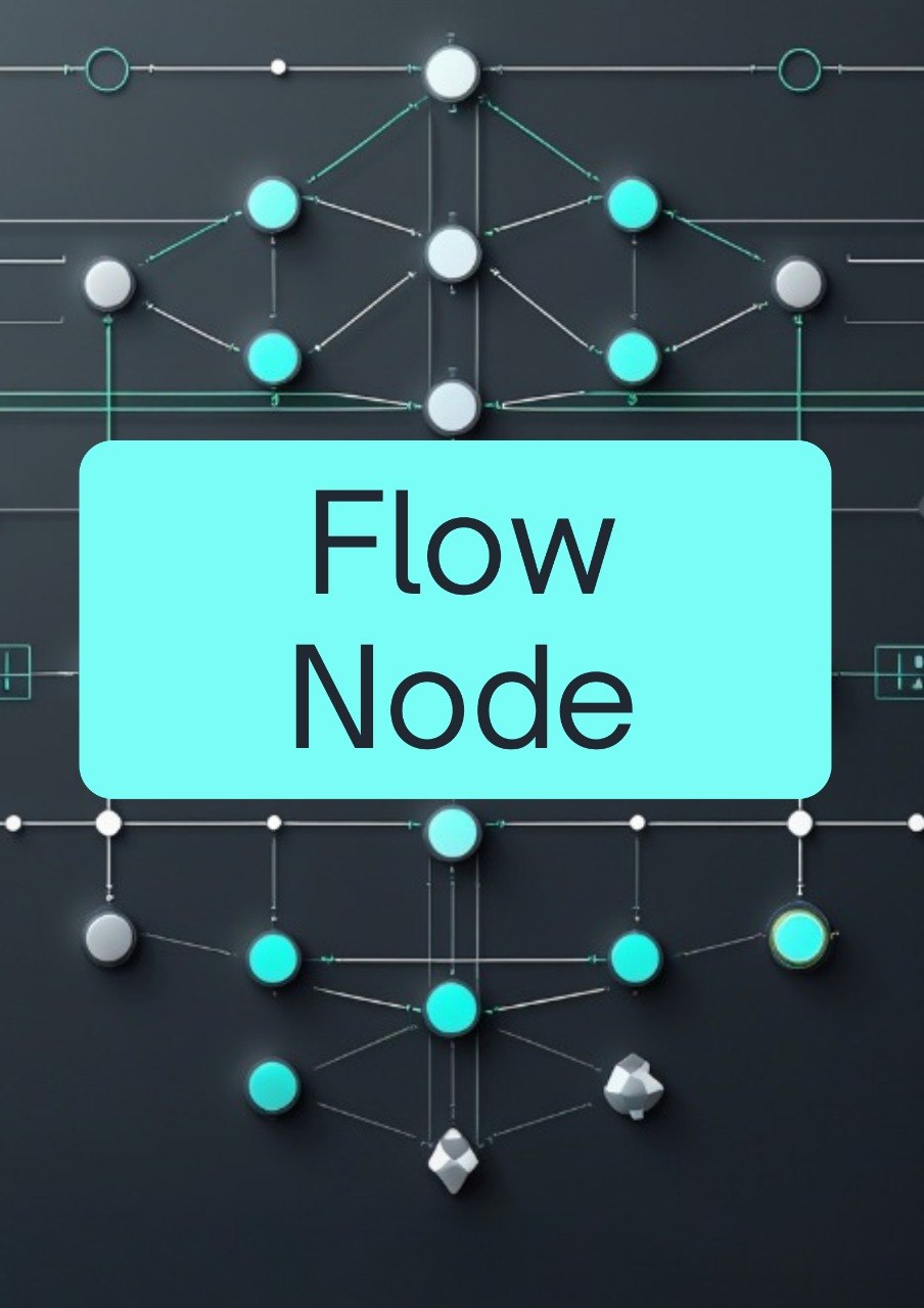 A digital graphic with the words 'Flow Node' in black text inside a large light cyan rounded rectangle, centered over a dark gray background with a network of connected nodes and lines in cyan, white, and gray.
