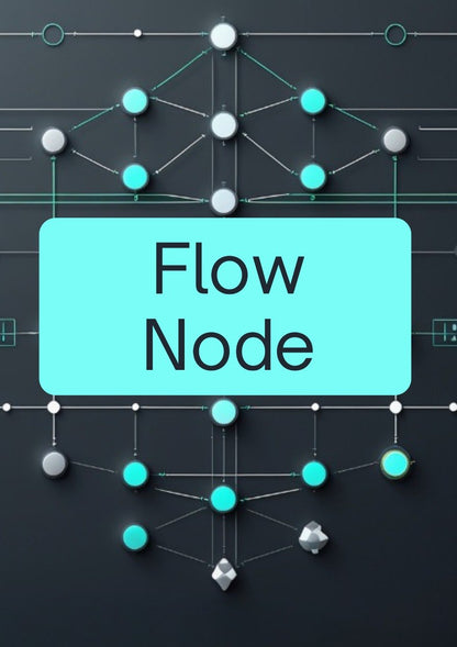 A digital graphic with the words 'Flow Node' in black text inside a large light cyan rounded rectangle, centered over a dark gray background with a network of connected nodes and lines in cyan, white, and gray.