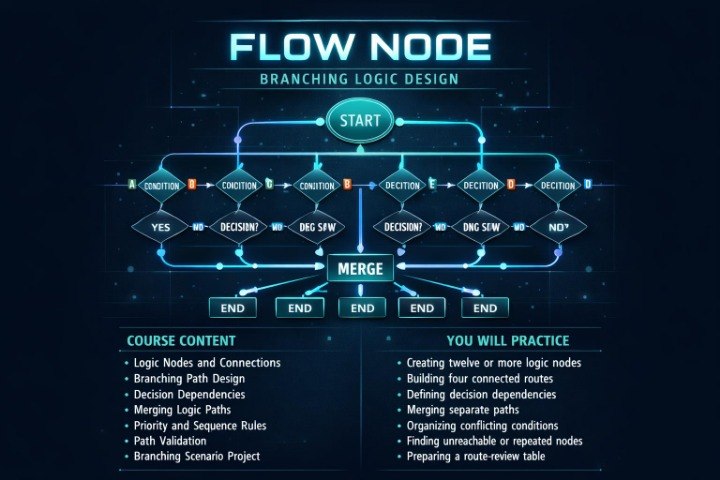 An educational flow chart titled 'FLOW NODE BRANCHING LOGIC DESIGN' on a dark blue background. The diagram shows a start node branching through decision and condition nodes to a merge node, with course content and practice objectives listed below in glowing cyan text.