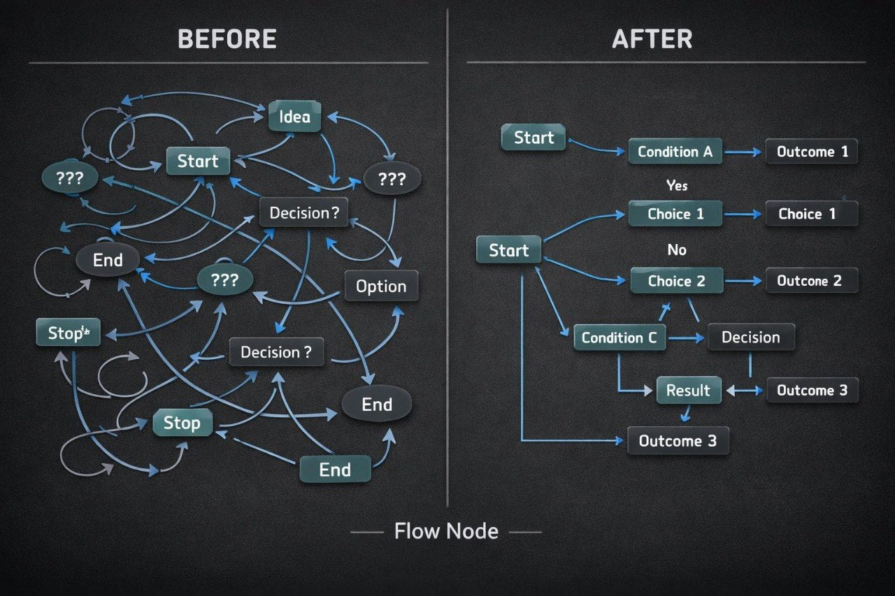 A black chalkboard-style graphic comparing a messy 'before' flow chart on the left with a clean, organized 'after' flow chart on the right, with the heading 'Flow Node' at the bottom.