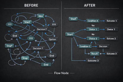 A black chalkboard-style graphic comparing a messy 'before' flow chart on the left with a clean, organized 'after' flow chart on the right, with the heading 'Flow Node' at the bottom.