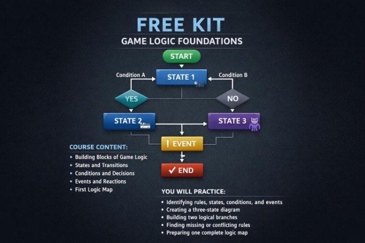 A dark promotional graphic for a game logic foundation course titled 'FREE KIT'. It shows a flowchart with labeled states and events, plus text sections describing course content and what will be practiced.