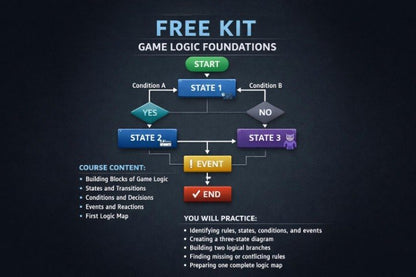 A dark promotional graphic for a game logic foundation course titled 'FREE KIT'. It shows a flowchart with labeled states and events, plus text sections describing course content and what will be practiced.