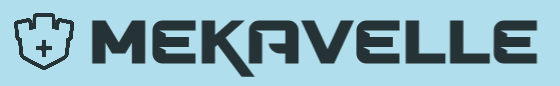 A light blue rectangular graphic featuring the word 'MEKAVELLE' in large dark gray lettering alongside a small shield-like icon with a plus sign, likely a brand or logo tile.