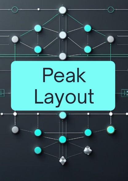 A digital graphic with the words 'Peak Layout' in black text inside a large light cyan rounded rectangle, centered over a dark gray background with a geometric network of white, gray, and cyan nodes and lines.