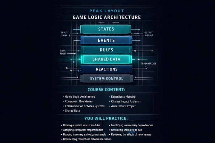 A digital graphic outlining the 'Peak Layout Game Logic Architecture' course content, featuring a central vertical stack of blue and gray blocks labeled States, Events, Shared Data, Reactions, and System Control, with text detailing course content and practice objectives on a dark background.