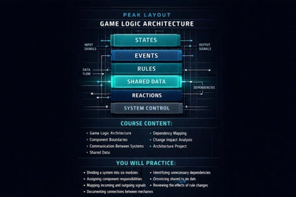 A digital graphic outlining the 'Peak Layout Game Logic Architecture' course content, featuring a central vertical stack of blue and gray blocks labeled States, Events, Shared Data, Reactions, and System Control, with text detailing course content and practice objectives on a dark background.