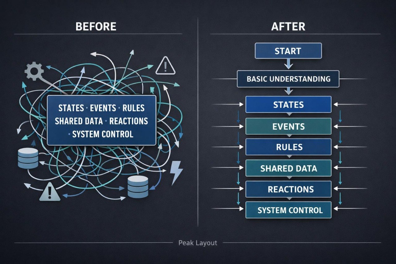 A dark chalkboard-style diagram comparing a messy 'before' state with an organized 'after' state. The left side shows tangled arrows, icons, and a central box labeled 'STATES • EVENTS • RULES • SHARED DATA • REACTIONS • SYSTEM CONTROL.