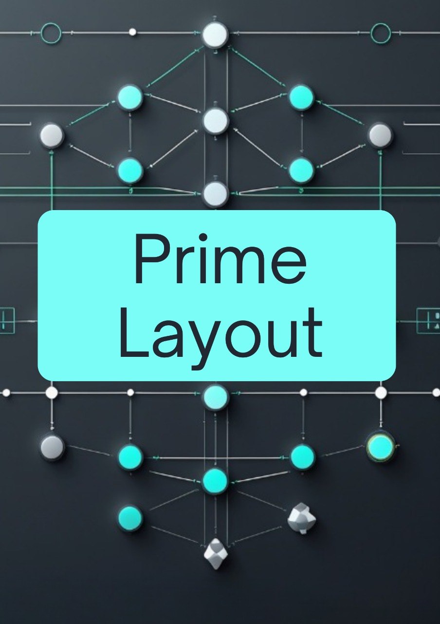 A digital graphic with the words 'Prime Layout' in black text inside a large light cyan rounded rectangle, centered on a dark charcoal background with a geometric network of white, gray, and cyan nodes and lines.