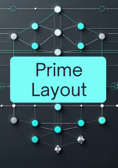A digital graphic with the words 'Prime Layout' in black text inside a large light cyan rounded rectangle, centered on a dark charcoal background with a geometric network of white, gray, and cyan nodes and lines.