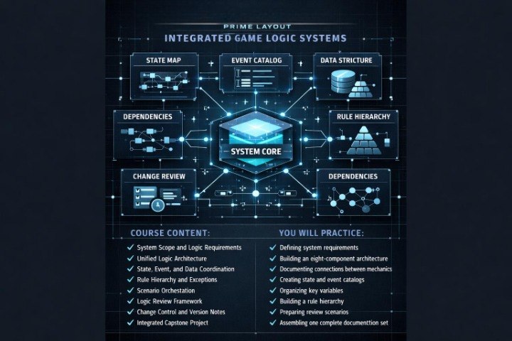 A dark digital infographic titled 'Integrated Game Logic Systems' with a glowing blue central 'System Core' and surrounding labeled boxes such as state map, event catalog, data structure, rule hierarchy, dependencies, and change review. Course content and practice objectives appear at the bottom on a black background.