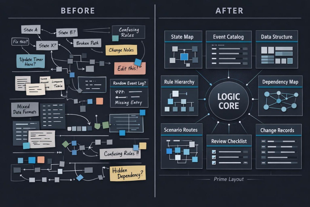 A dark-themed before-and-after diagram titled 'BEFORE' and 'AFTER' with the words 'Logic Core' in the center. The left side shows a messy, tangled flowchart labeled 'Before' with various connected boxes and arrows.