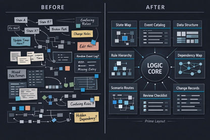 A dark-themed before-and-after diagram titled 'BEFORE' and 'AFTER' with the words 'Logic Core' in the center. The left side shows a messy, tangled flowchart labeled 'Before' with various connected boxes and arrows.