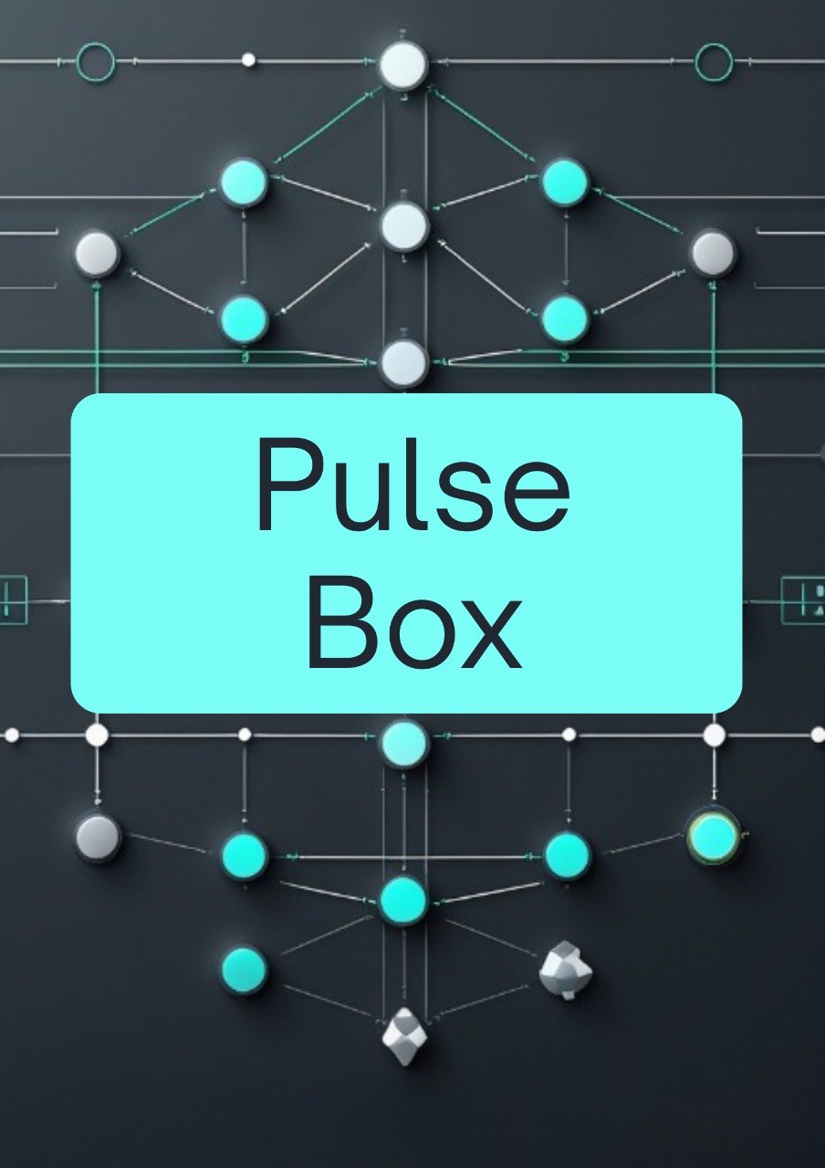 A digital graphic featuring a central cyan rounded rectangle with the words 'Pulse Box' in black text, set against a dark gray background with a geometric network of glowing cyan, white, and gray nodes and lines.