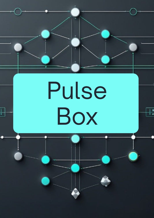 A digital graphic featuring a central cyan rounded rectangle with the words 'Pulse Box' in black text, set against a dark gray background with a geometric network of glowing cyan, white, and gray nodes and lines.