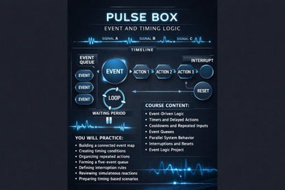 A digital course cover or infographic titled 'PULSE BOX: EVENT AND TIMING LOGIC' on a dark blue background with glowing cyan interface elements, boxes, and text describing event-driven logic concepts.