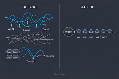A dark slate informational graphic comparing 'Before' and 'After' states of a Pulse Box event loop. The left 'Before' section shows tangled blue and gray waveforms labeled 'Event' and 'Ignored'.