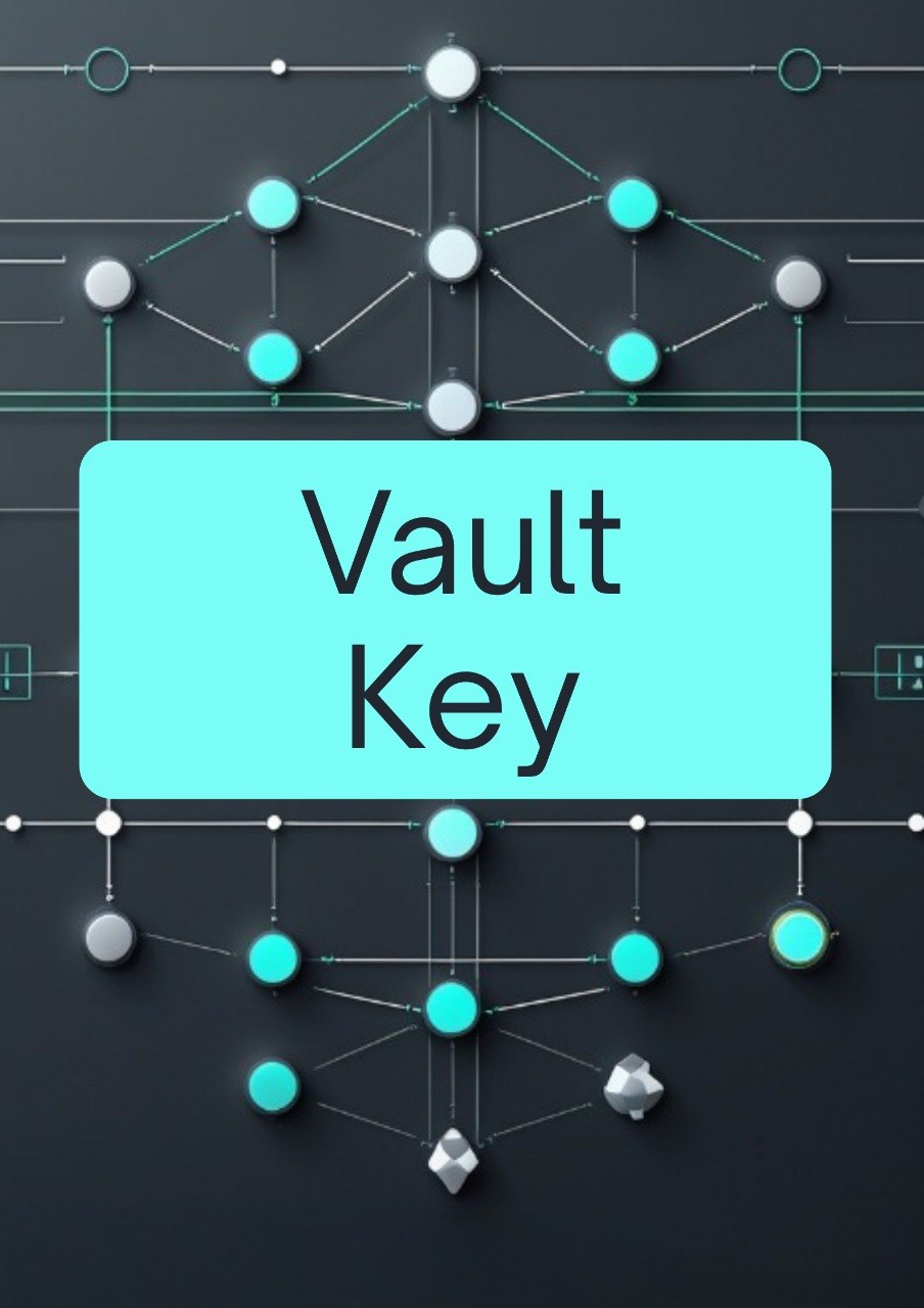 A digital graphic with the words 'Vault Key' in black text inside a large light cyan rounded rectangle, centered over a dark gray background with a network of connected nodes and lines in cyan, white, and gray.