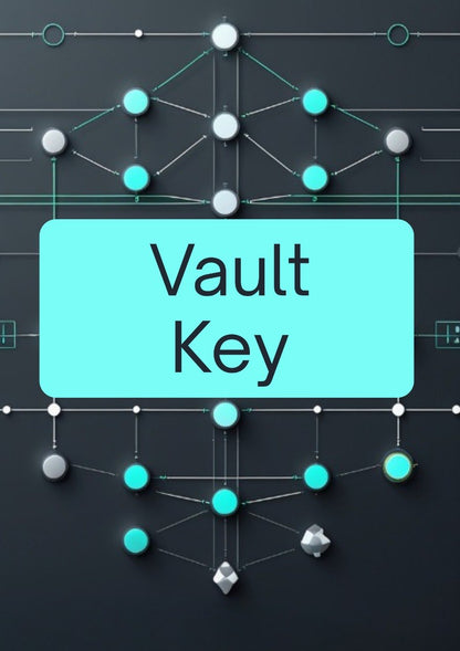 A digital graphic with the words 'Vault Key' in black text inside a large light cyan rounded rectangle, centered over a dark gray background with a network of connected nodes and lines in cyan, white, and gray.
