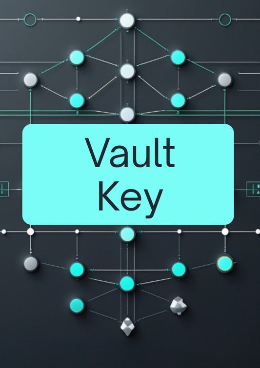 A digital graphic with the words 'Vault Key' in black text inside a large light cyan rounded rectangle, centered over a dark gray background with a network of connected nodes and lines in cyan, white, and gray.
