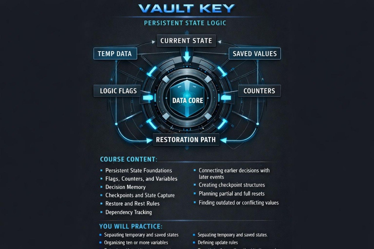 A digital infographic titled 'VAULT KEY' explaining persistent state logic, featuring a central circular 'DATA CORE' surrounded by labeled sections like 'CURRENT STATE', 'SAVED VALUES', 'LOGIC FLAGS', and 'TEMP DATA' on a dark blue background.