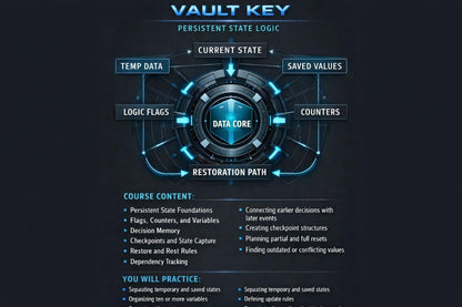 A digital infographic titled 'VAULT KEY' explaining persistent state logic, featuring a central circular 'DATA CORE' surrounded by labeled sections like 'CURRENT STATE', 'SAVED VALUES', 'LOGIC FLAGS', and 'TEMP DATA' on a dark blue background.