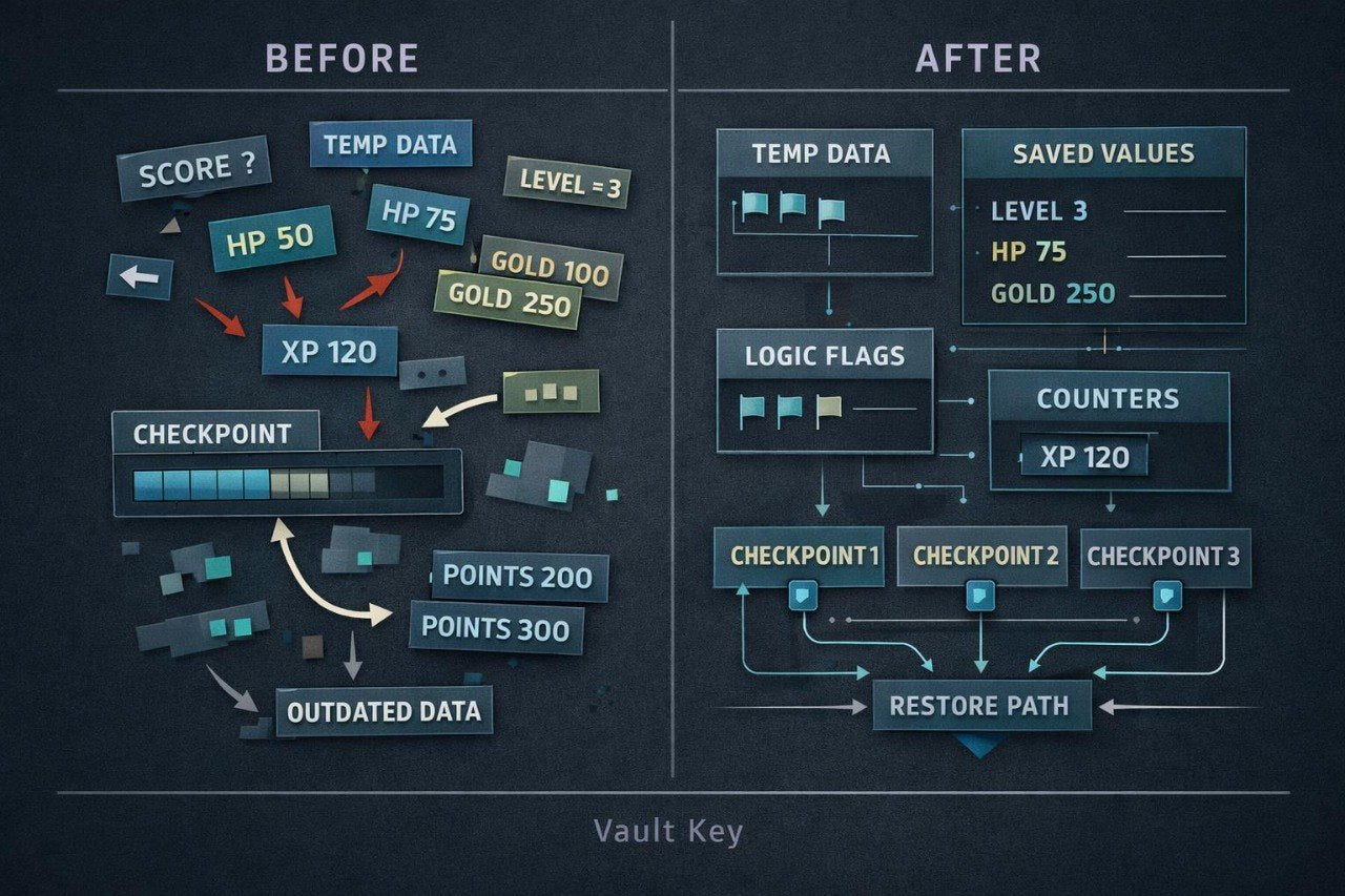 A digital infographic comparing a 'Before' state of game save data with an 'After' state using a 'Vault Key'. The left side shows scattered, unorganized game stats like HP, XP, and Level 3 under a checkpoint.