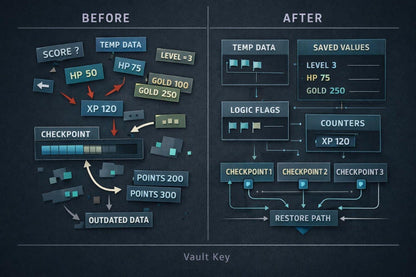 A digital infographic comparing a 'Before' state of game save data with an 'After' state using a 'Vault Key'. The left side shows scattered, unorganized game stats like HP, XP, and Level 3 under a checkpoint.