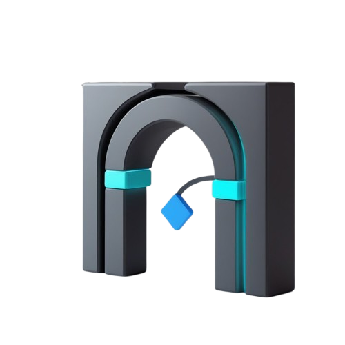A 3D-rendered U-shaped magnetic sensor or switch component with a dark gray body, cyan accents, and a small blue diamond-shaped element, shown on a plain white background.
