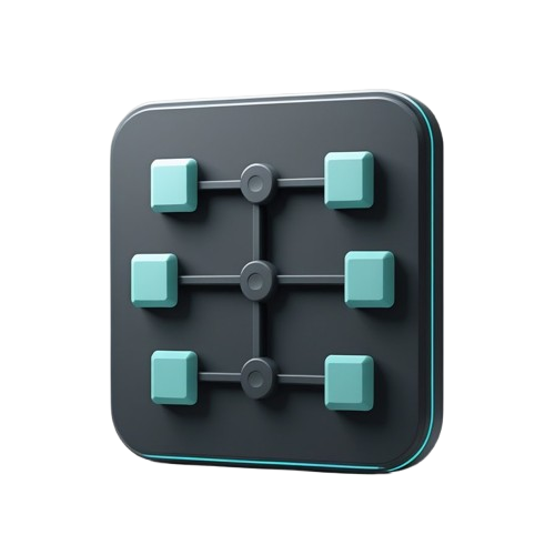 A square dark gray electronic module or connector with rounded corners, featuring a grid pattern of six light teal square nodes connected by dark gray lines, shown on a solid white background.