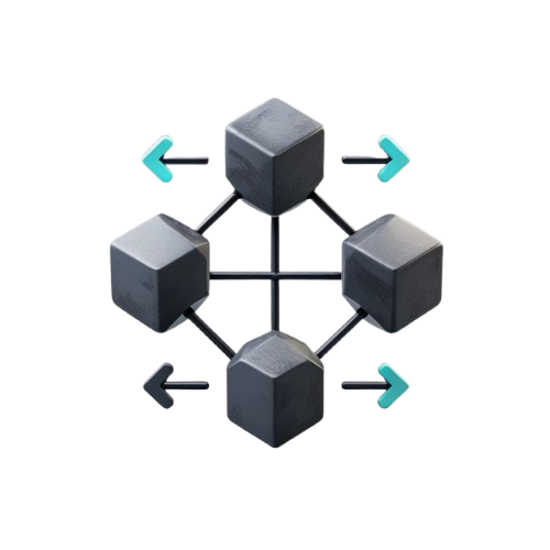 3D icon of four interconnected dark cubes with teal arrows pointing outward