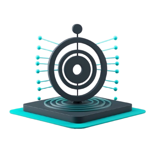 A 3D digital render of a black circular target or target-like emblem mounted on a square black base with concentric ring details, surrounded by cyan-tinted lines and dots on a white background.