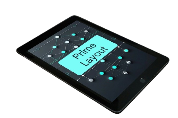 A black tablet device shown at an angle on a white background, displaying a digital interface with the words 'Prime Layout' on the screen.