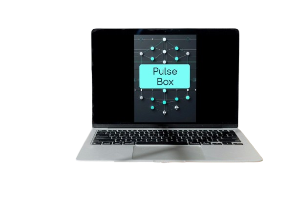 A silver laptop with a black keyboard and screen, displaying a digital interface labeled 'Pulse Box' on a white background.